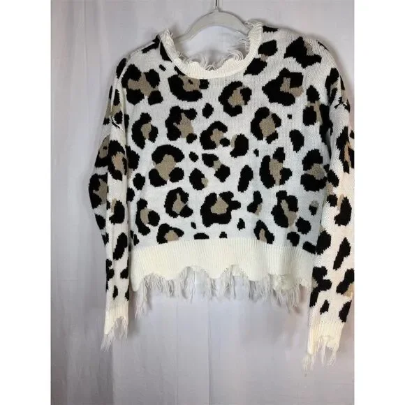 Just Polly Sweater Womens Small Ivory Leopard Print Distressed - Picture 9 of 11